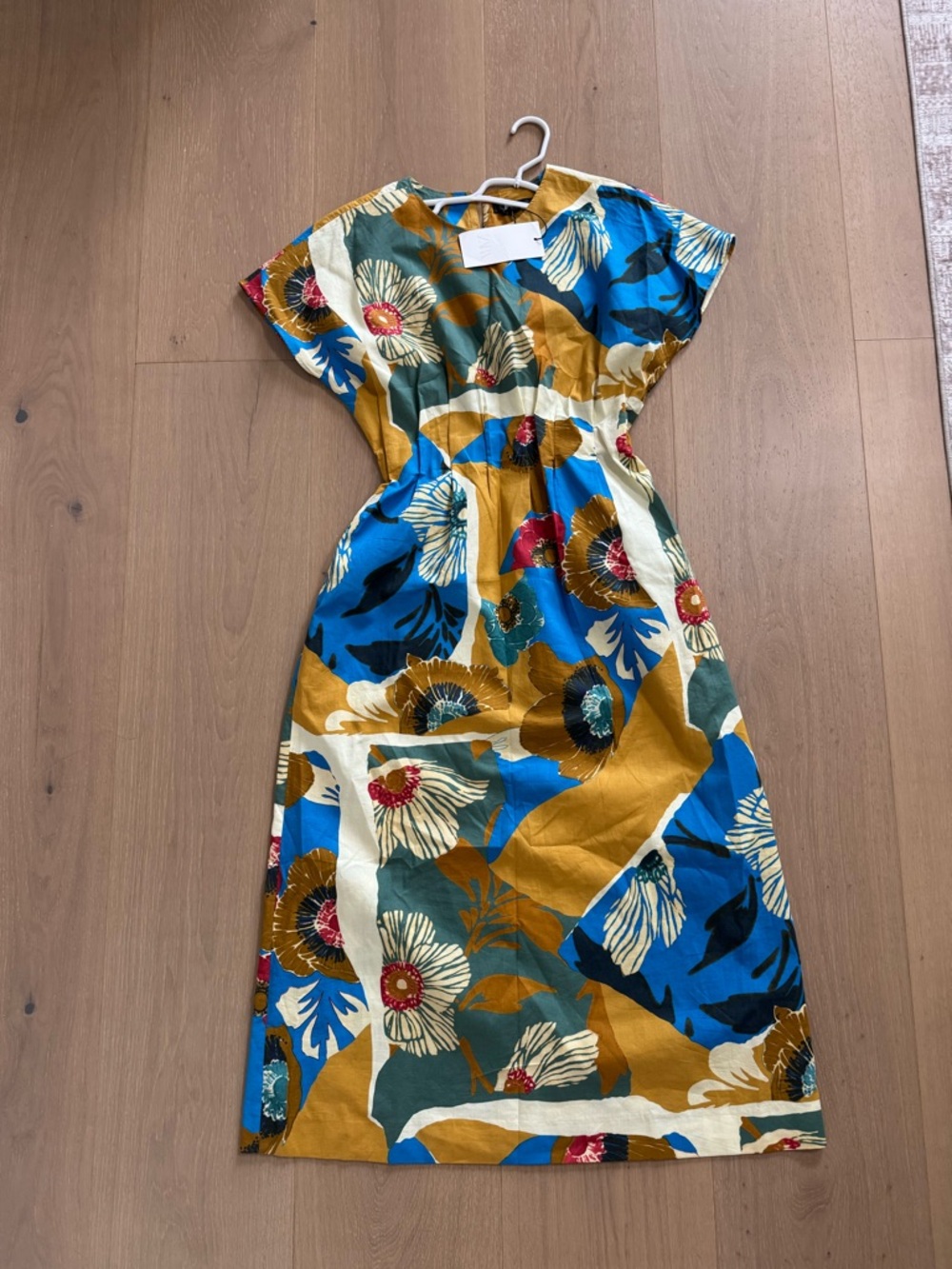Zara Bold Floral Midi Dress in Blue, Mustard & Green